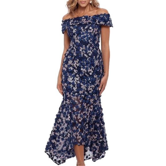 Xscape Dresses & Skirts - XSCAPE Off-the-Shoulder Embroidered Floral Lace Handkerchief Hem Mermaid Gown 10